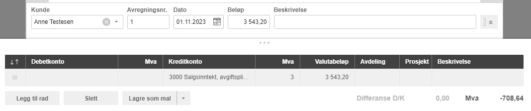 Fakturahodet: kunde Anne Testesen, dato 01.11.2023, beløp 3 543,20 og posteringslinje