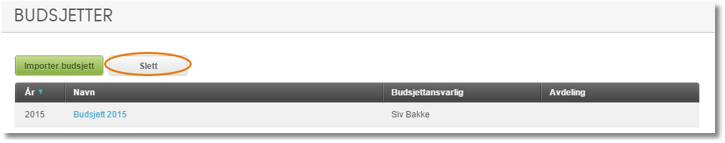 Budsjetter-liste med Importer budsjett og Slett-knapp, tabell viser Budsjett 2015 ansvarlig Siv Bakke