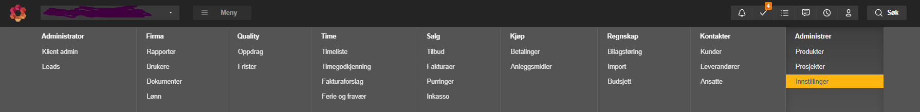 Hovedmeny PowerOffice Go: 12 kategorier med underpunkter, Innstillinger uthevet gult