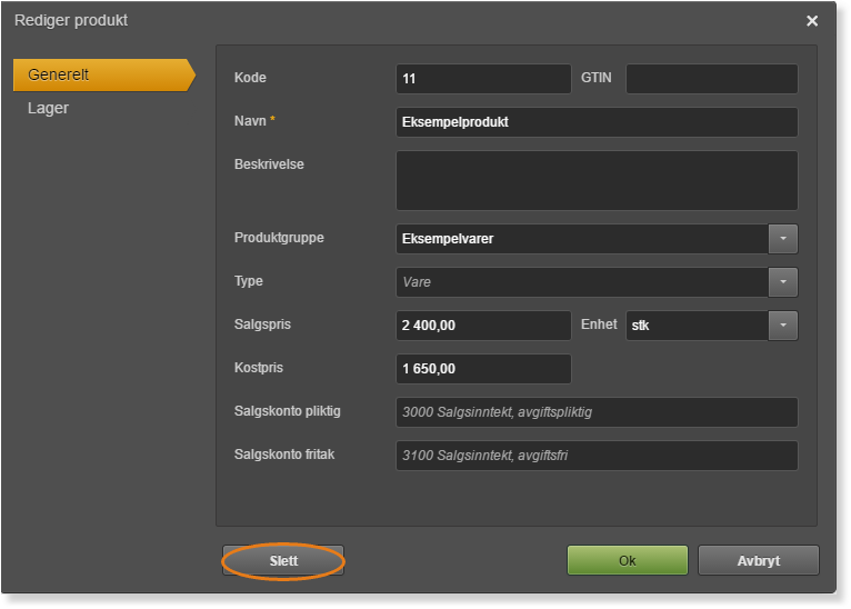 Rediger produkt-dialog: Kode 11, «Eksempelprodukt», pris 2 400,00, kostpris 1 650,00