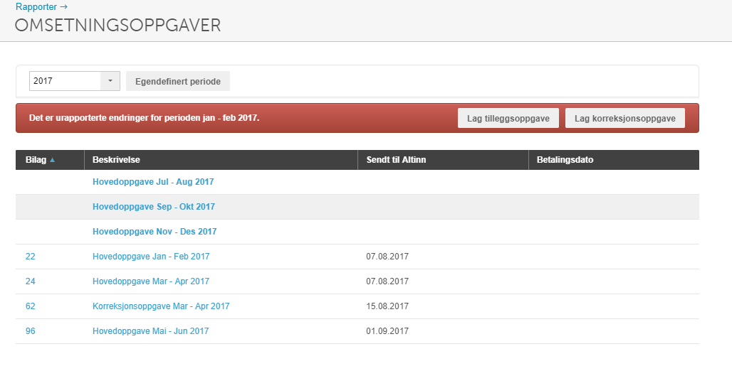 Omsetningsoppgaver 2017: urapporterte endringer jan–feb med knappene Lag tilleggsoppgave og Lag korreksjonsoppgave