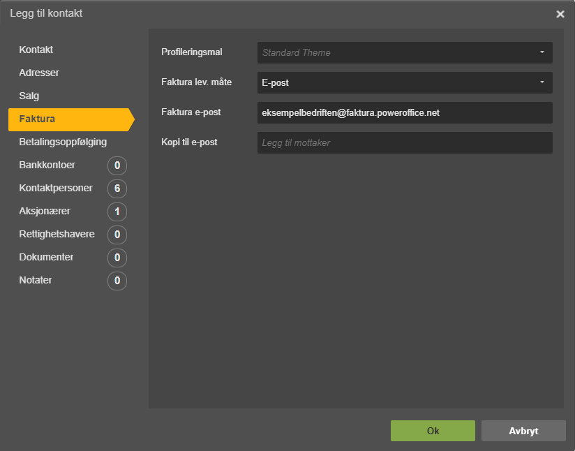 Legg til kontakt-dialog, Faktura-fanen: E-post fakturametode med eksempelbedriften@faktura.poweroffice.net