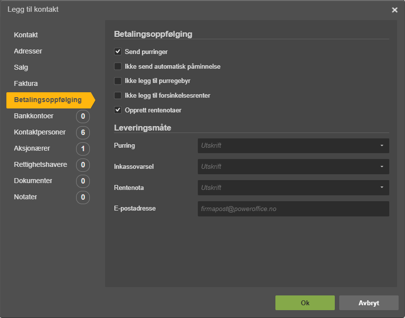 Betalingsoppfølging-fane: Send purringer avkrysset, leveringsmåter satt til Utskrift, e-postadresse formapost@poweroffice.no