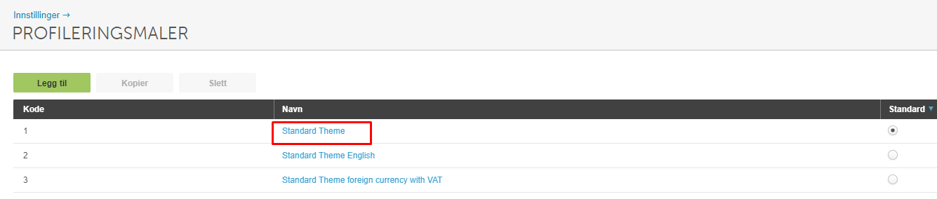 Profileringsmaler: Standard Theme valgt, med English og foreign currency with VAT som alternativer