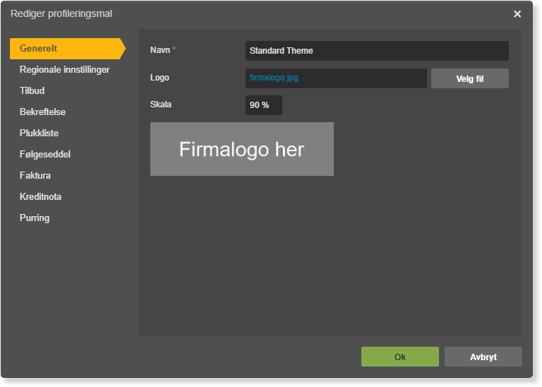 Rediger profileringsmål-dialogboks, fanen Generelt med Logo- og Skala-felter