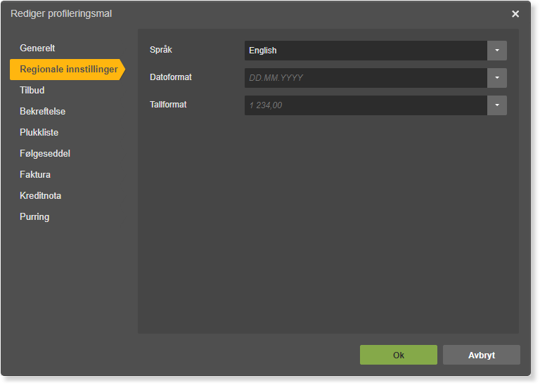 Rediger profileringsmal, Regionale innstillinger: datoformat DD.MM.YYYY, tallformat 1 234,00