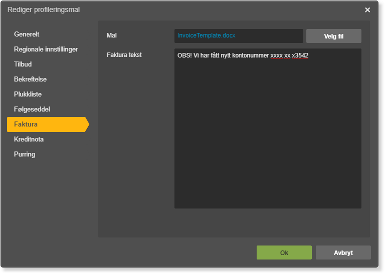 Rediger profileringsmål → Faktura-fanen med InvoiceTemplate.docx-mal og kontonummeroppsett