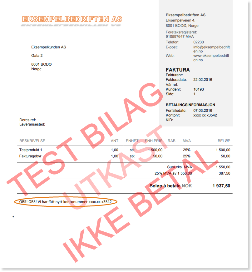 Fakturamal med kundeinfo, to linjer, MVA-beregning, total 1 937,50 NOK og advarseltekst om manglende konto