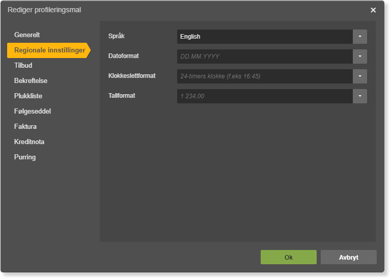 Rediger profileringsmal: Regionaleinnstillinger med Språk → English, Datoformat DD.MM.YYYY, Tallformat 1 234.00