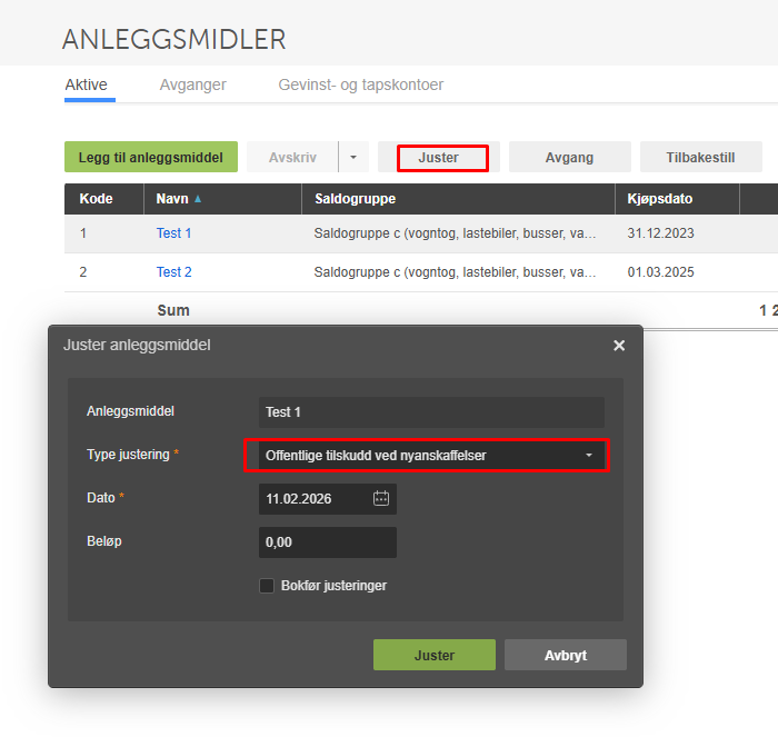 Juster anleggsmiddel-dialog: Test 1, Type justering «Offentlige tilskudd ved nyanskaflelser», dato 11.02.2026