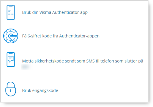 2FA-instruksjoner: Authenticator-app → 6-sifret kode → SMS-kode → engangsode