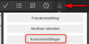 Fraværsmelding-dialog: Verifiser identitet → Kontoinnsettinger-knapp (markert rød)