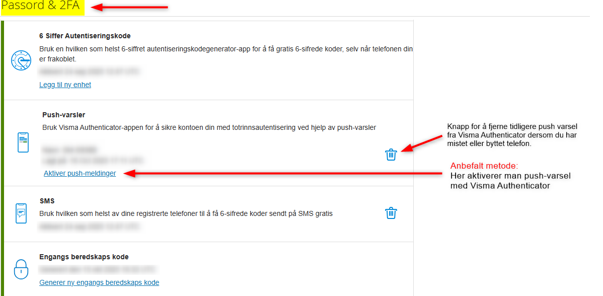 Fire autentiseringsmetoder: 6-sifret kode, Push-varsel Visma Authenticator, SMS, Engangs beredskaps kode