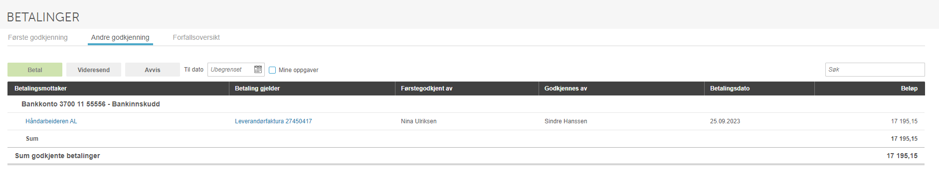 Betalinger → Andre godkjenning: Håndarbeideren AL, faktura 27450417, 17 195,15 kr godkjent 25.09.2023