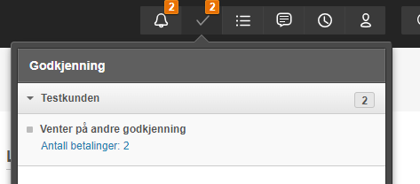 Godkjenning-panel: Testkunden med 2 ventende, «Venter på andre godkjenning» og 2 betalinger