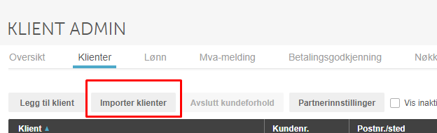 Klient Admin → Klienter-fanen med Importer klienter-knapp fremhevet
