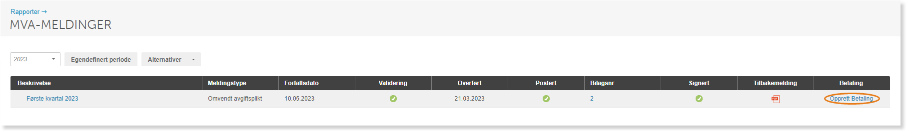 Mva-meldinger 2023: Q1 Omvendt avgiftssplit validert, postert, signert, Opprett betaling-knapp markert