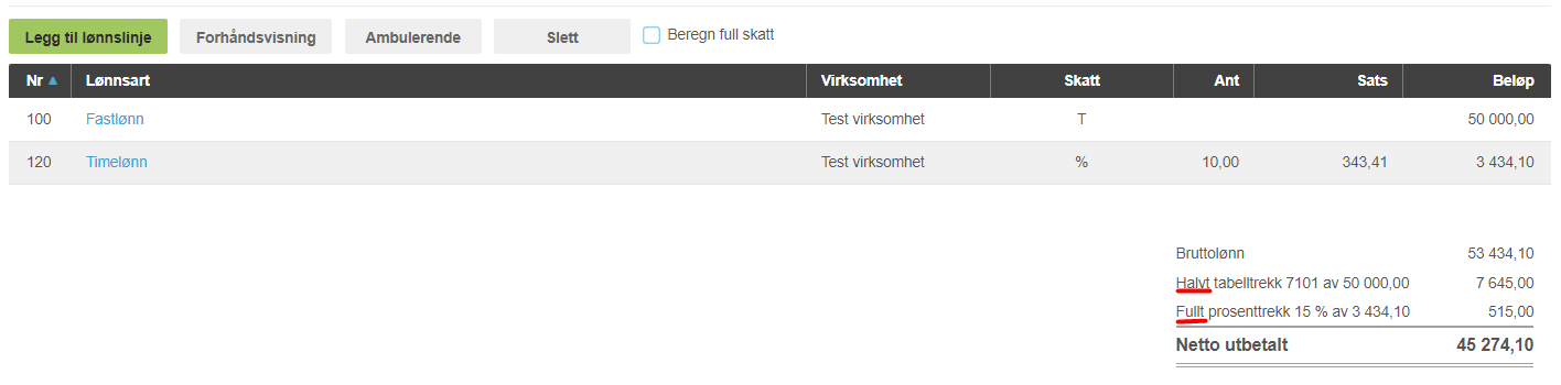 Lønnsslipp: Fastlønn 50 000, Timelønn 3 434,10. Bruttolønn 53 434,10, trekk og netto utbetalt 45 274,10