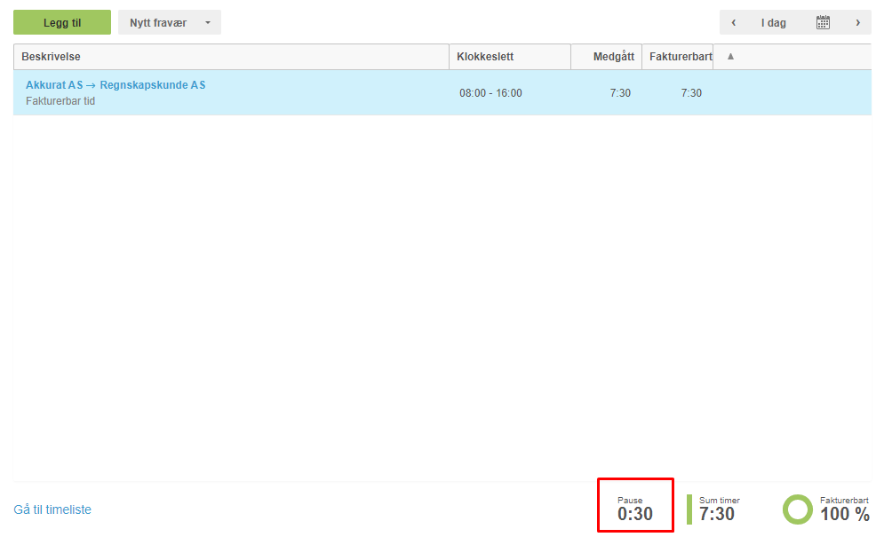 Timeliste med post Akkurat AS → Regnsskapskunde 08:00–16:00, 7:30 timer godkjent, paus 0:30, sum 7:30, 100 %