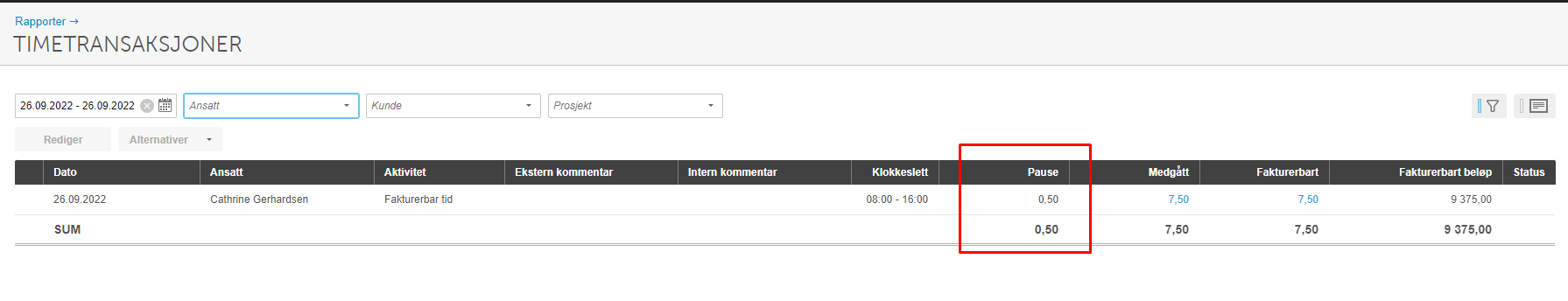 Timetransaksjonstabell: Cathrine Gerhardsen 26.09.2022, fakturerbar tid 08:00–16:00, pause 0,50h, medgått 7,50h