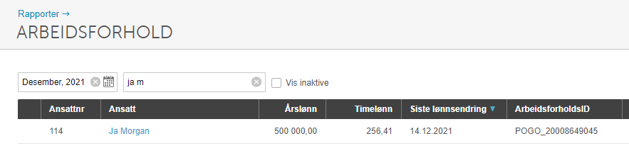 Arbeidsforhold-rapport Desember 2021, Ja Morgan: årslønn 500 000, timelønn 256,41