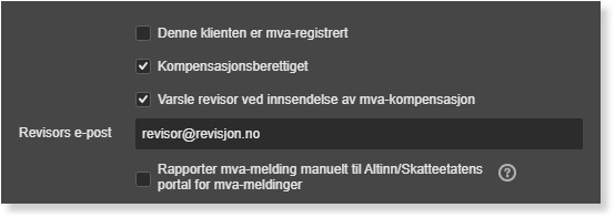 Mva-revisor: Kompensasjonsberettiget + Varsle revisor avmerket, revisor@revisjon.no