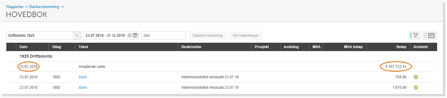 Hovedbok Driftskonto 1925 med inngående saldo 4357312,41 kr, to banktransaksjoner 23.07.2018 à 704,00 og 1875,00 kr