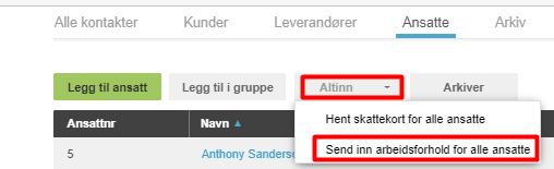 Ansatte-fanen: Anthony Sanderson valgt, Avlinn-dialogboks åpen med knappen Send inn arbeidsforhold for alle ansatte