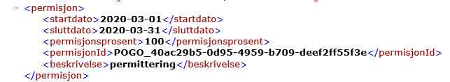 XML-struktur for permisjon: startdato 2020-03-01, sluttdato 2020-03-31, prosent 100, id POGO_40ac29b5...
