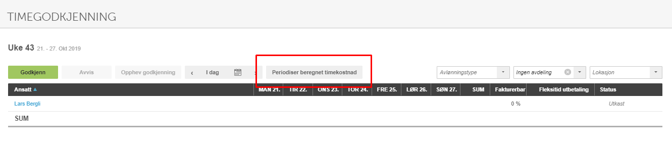 Timegodkjenning uke 43 med dialogboks Periodiser beregnet timekostnad åpen, dagkolonner og ansatt Lars Bergil