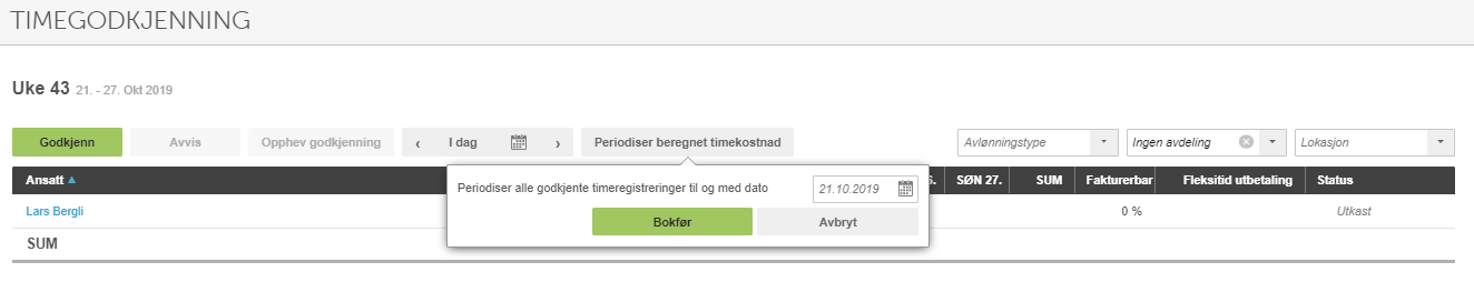 Periodisering-dialogboks med dato 21.10.2019 og Bokfør- og Avbryt-knapper