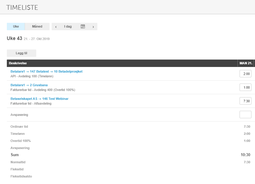 Timeliste uke 43 med API-avdeling (2t), Grusbana (1t), Test Webinar (7,5t), sum 10:30