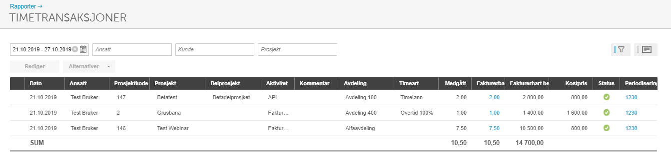 Timetransaksjoner 21.10.2019: Test Bruker — tre poster fordelt Betatest, Grusbana, Test Webinar med fakturert 14 700,00