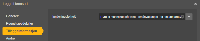Dialogboks Legg til lønnssart, Tilleggsinformasjon-fane med Inntijeningsforhold-dropdown aktiv