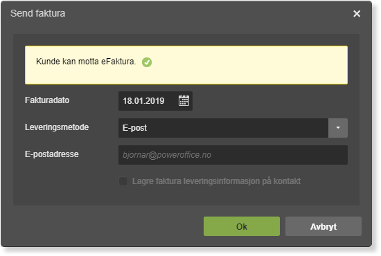 Dialogboks Send faktura: «Kunde kan motta eFaktura» bekreftet, E-post valgt, dato 18.01.2019