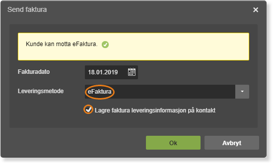 Dialog Send faktura: eFaktura valgt, dato 18.01.2019, lagre leveringsinfo aktiv