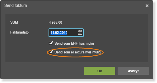 Send faktura-dialog: SUM 4 988,00, dato 11.02.2019, «Send som eFaktura hvis mulig» valgt