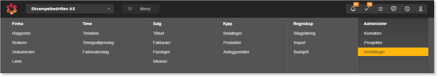 Hovedmeny Eksempelbedriften AS: Firma, Time, Salg, Kjøp, Regnskap, Administrer med Innstillinger uthevet