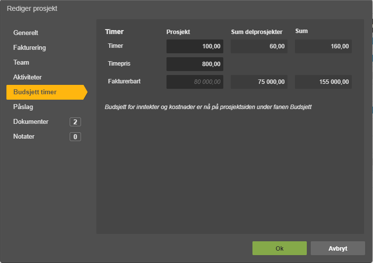 Budsjett timer-fane: Fakturering 160,00 total, Fakturertbart 155.000,00 total. Ok og Avbryt-knapper.