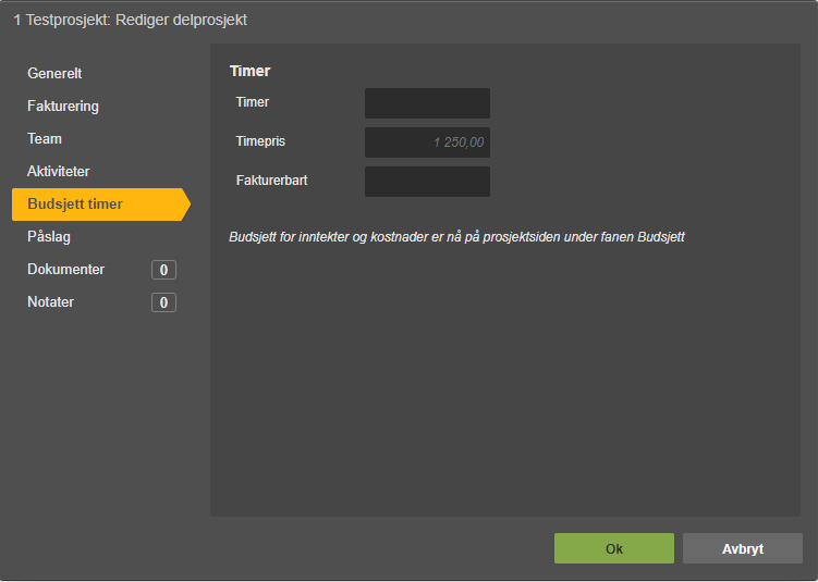 Prosjekt Testprosjekt, fanen Budsjett timer med Timer-, Timepris- og Fakturabarbar-felter