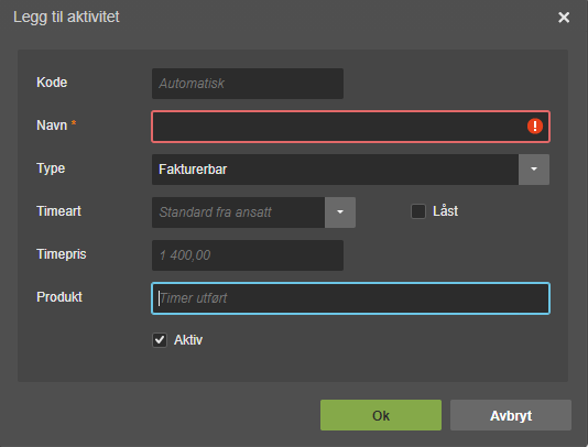 Dialogboks Legg til aktivitet: Navn-felt (obligatorisk, tomt), Type Fakturerbar, Timepris 1 400,00, Ok-knapp