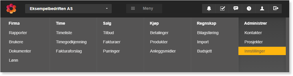 Hovedmeny: Firma, Time, Salg, Kjøp, Regnskap, Administrer. Innstillinger-knapp markert gul.