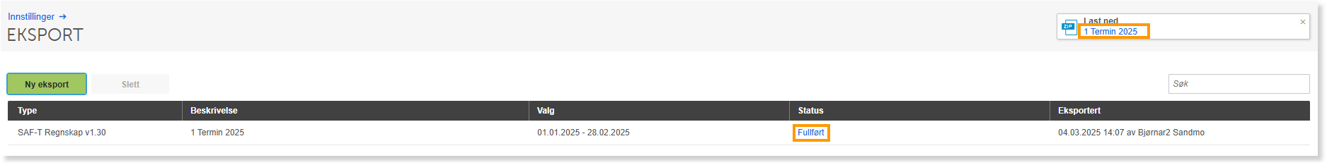 EKSPORT-liste: SAF-T Regnskap v1.30 1. termin 2025 med status Fullført, eksportert 04.03.2025