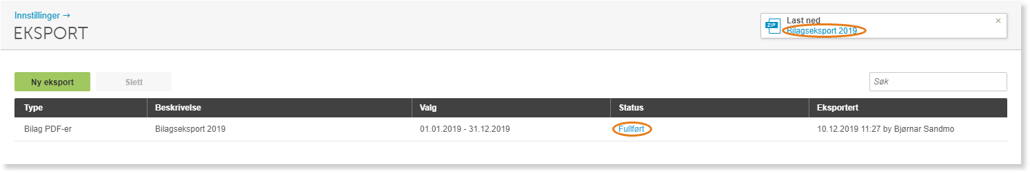 Eksport-tabell: Biagseksport 2019 (01.01–31.12.2019) med status Fullført, eksportert 10.12.2019