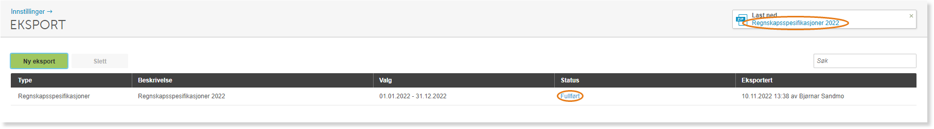 Eksport-tabell: Regnkapsspesifikasjon 2022, 01.01–31.12.2022, status Fullført