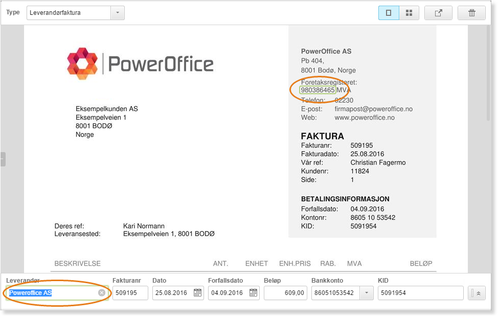 Leverandørfaktura PowerOffice AS: fakturanr 509195, dato 25.08.2016, forfall 04.09.2016, beløp 609,00, KID 5091954