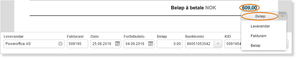 Belop å betale 609,00 NOK for faktura 509195. Leverandør Poweroffice AS, dato 25.08.2016, KID 5091954