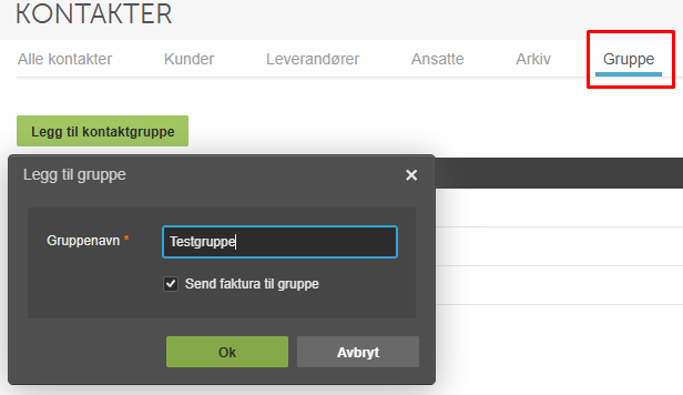 Dialogboks Legg til gruppe: Gruppenavn «Testgruppe», Send faktura til gruppe avmerket, Ok og Avbryt-knapper
