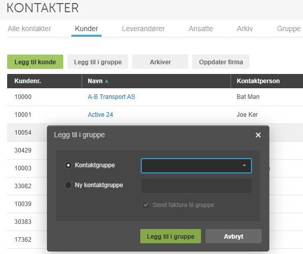 Dialog Legg til i gruppe: Kontaktgruppe valgt, dropdown for gruppevalg, Send faktura til gruppe-boks, Legg til/Avbryt-knapper