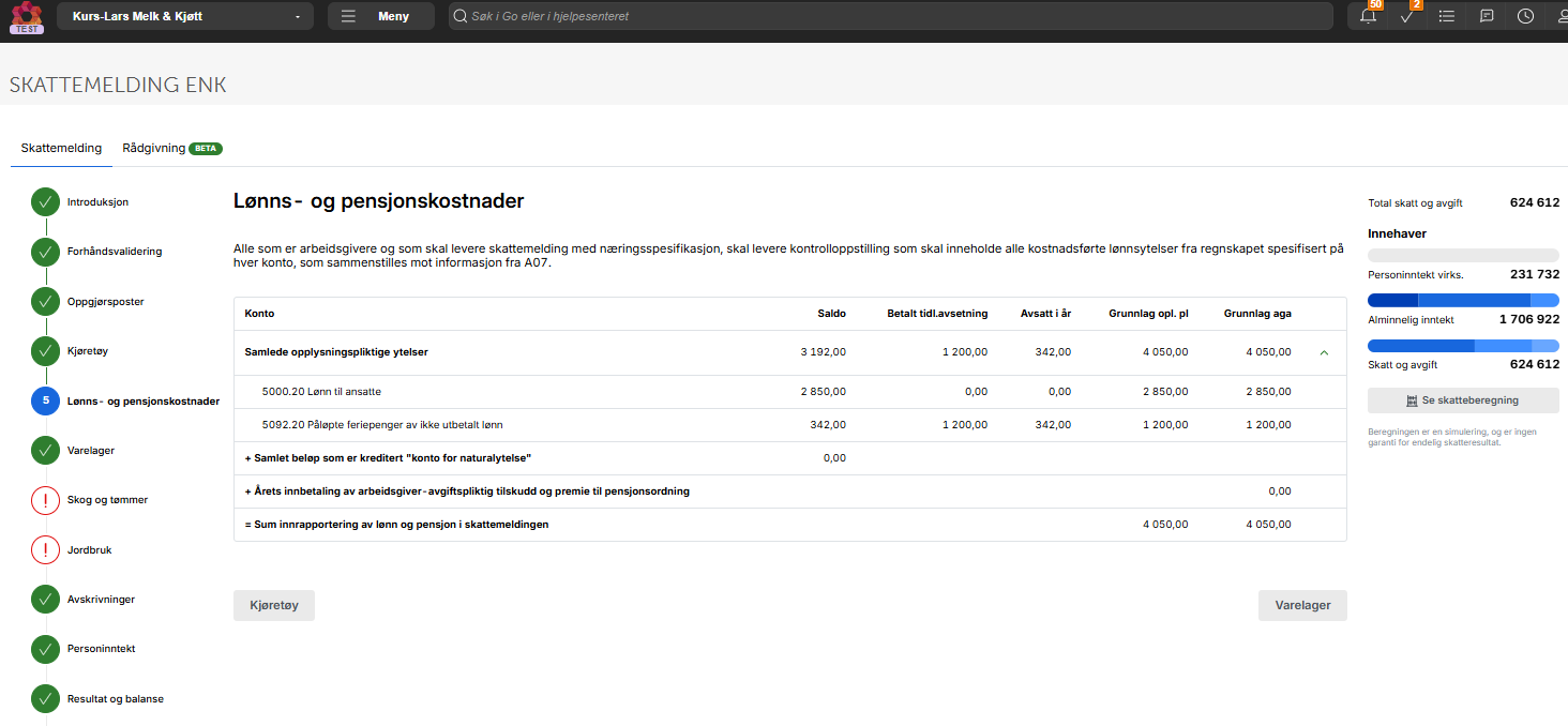 Skattemelding lønn- og pensjonskostnader: Tabell med lønnsoppgaver, pensjon, avsetninger. Totalt skatt 624 612 kr.